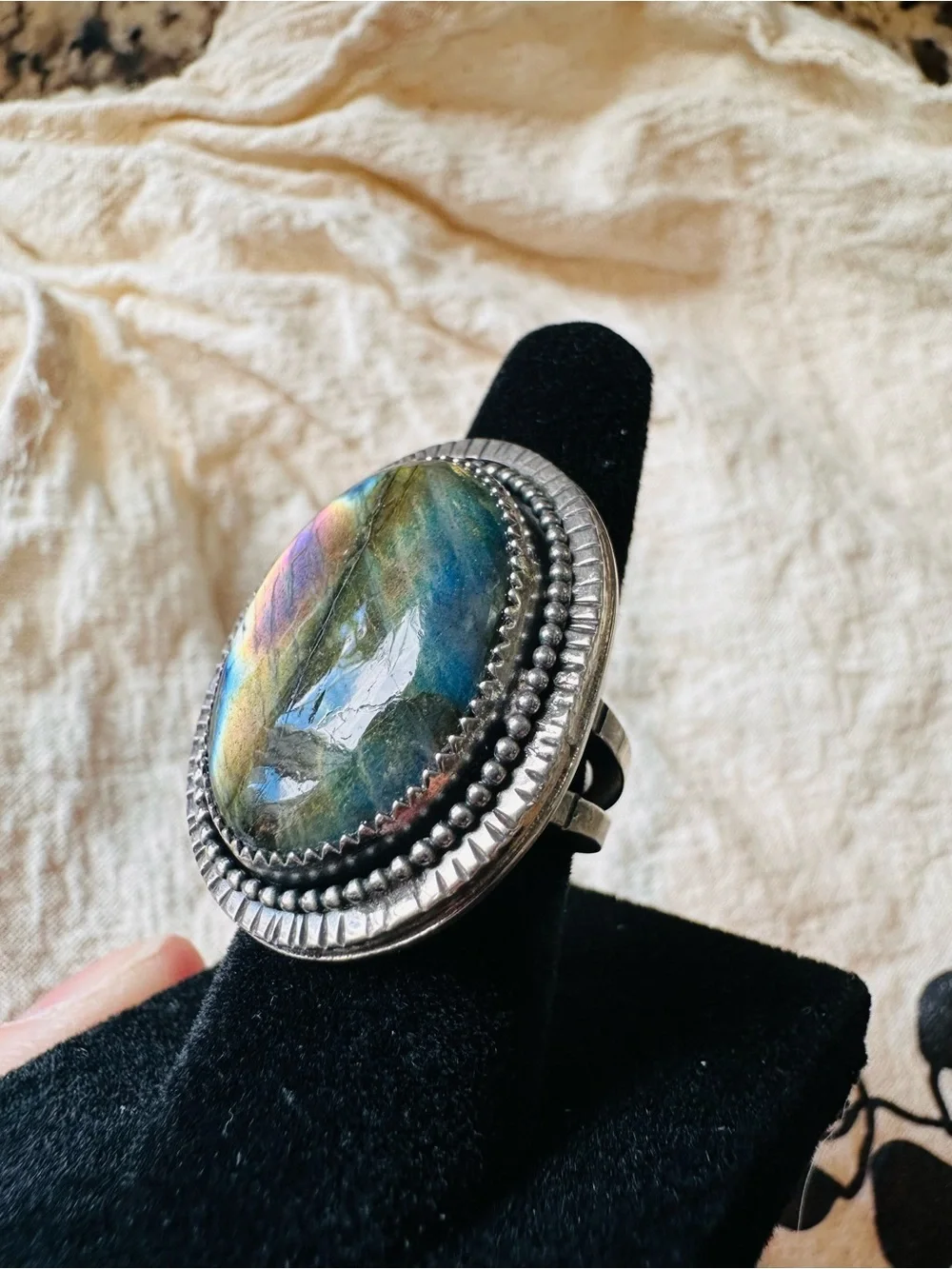 Handmade Sterling Silver Rainbow Labradorite Statement Ring-Artisan-Size 6